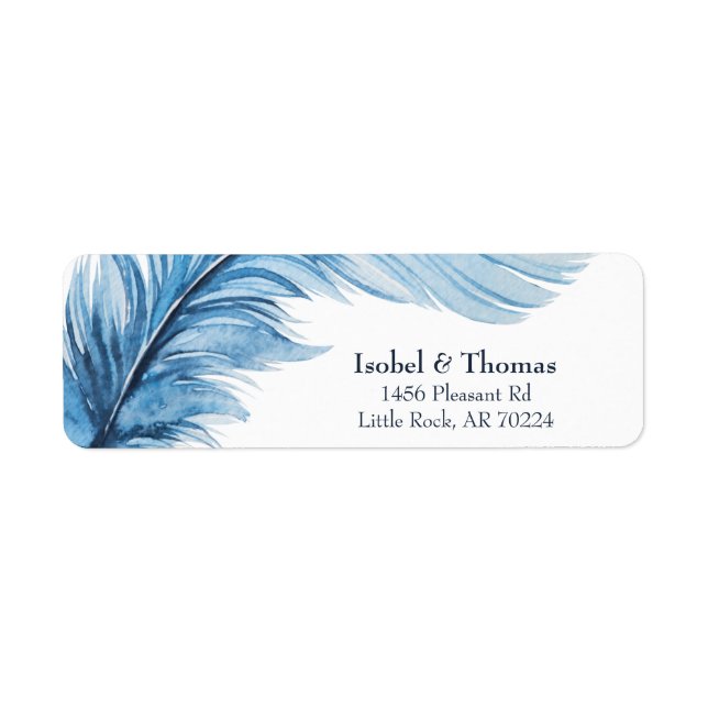 Boho Blue Elegant Watercolor Feather Address (Front)