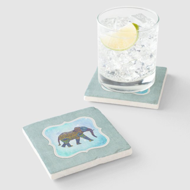 Boho Blue Elephant Stone Coaster (Side)