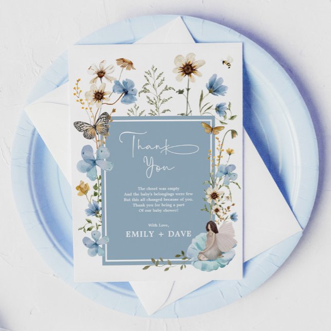 Boho Blue Fairy Wildflower Garden Baby Shower Thank You Card (Creator Uploaded)