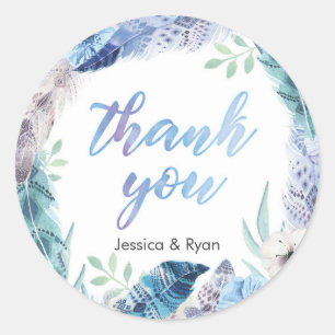 Boho Blue Feather Thank you stickers