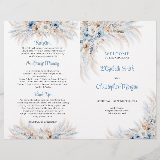 Boho Blue Floral and Ivory Roses Pampas (Front)