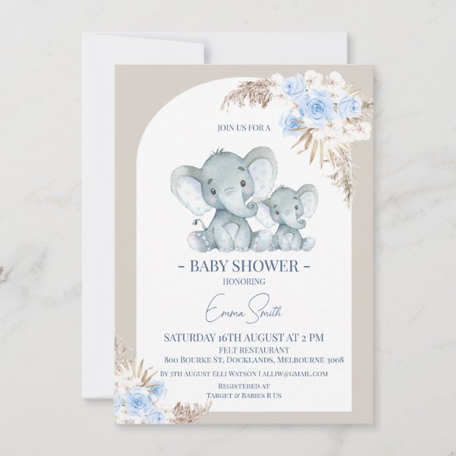 Boho Blue Floral Arch Elephant Baby Shower Invitation (Front)