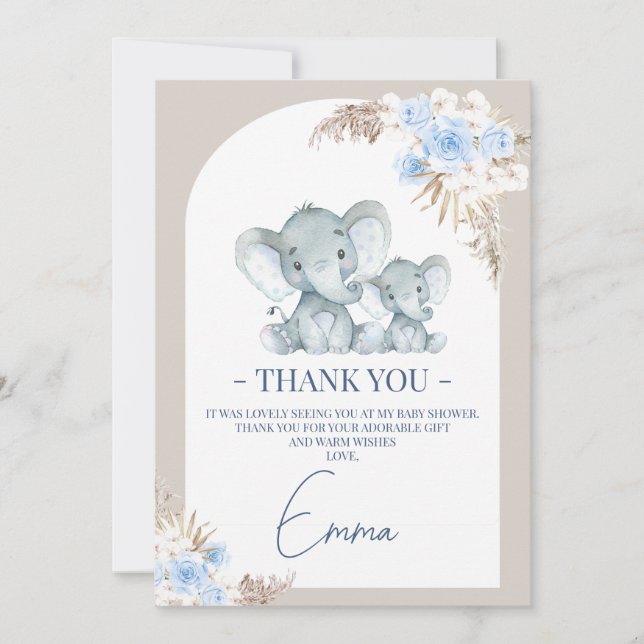 Boho Blue Floral Arch Elephant Carte de remercieme (Devant)