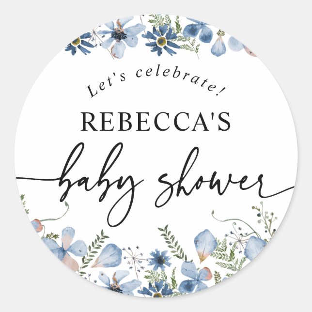 Boho Blue Floral Baby Shower Round Envelope Seal (Front)