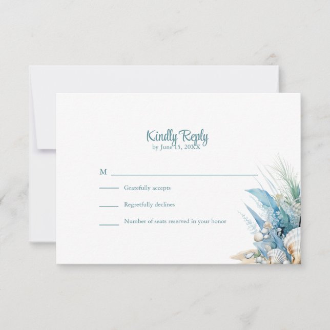 Boho Blue Floral Beach and Shell Wedding RSVP Card (Devant)