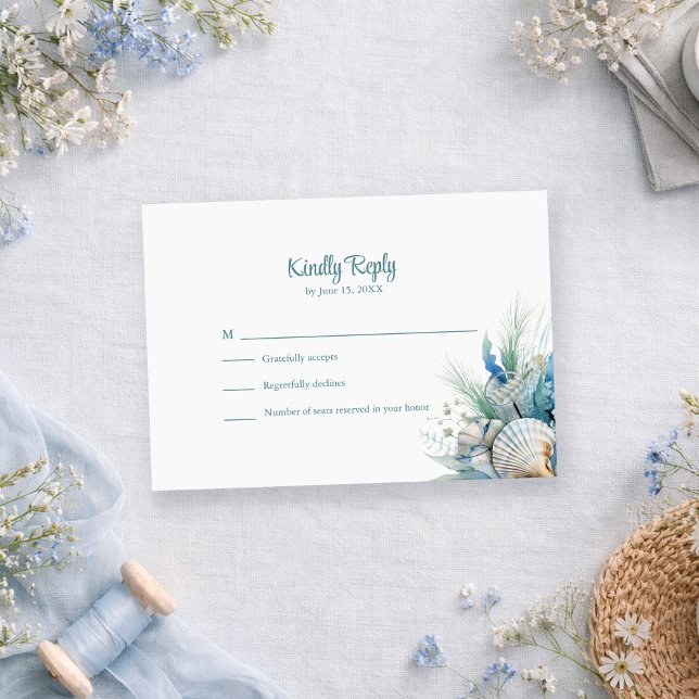 Boho Blue Floral Beach and Shell Wedding RSVP Card (Boho Blue Floral Beach and Shell Wedding RSVP Card on a romantic table with dusty blue flowers)