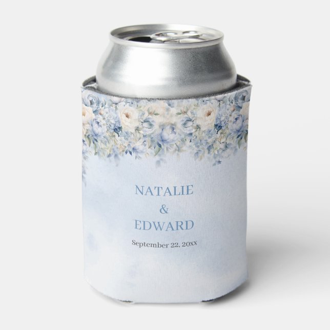 Boho blue floral eucalyptus and gold frame  can cooler (Can Front)