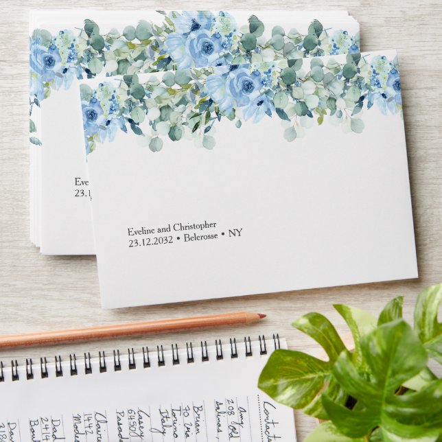 Boho blue floral eucalyptus and gold frame liner envelope (Stacked)
