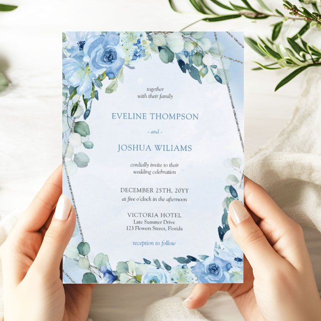 Boho blue floral eucalyptus and silver wedding invitation (Winter blue flowers mixed eucalyptus greenery and silver glitter frame wedding invitation digital)