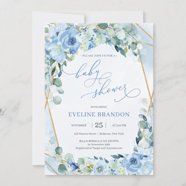 Boho Blue Floral Gold Geometric Boy Baby Shower Invitation (Front)
