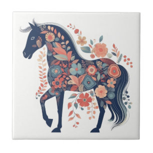 Boho Blue Floral Horse Scandinavian Folk Art Tile