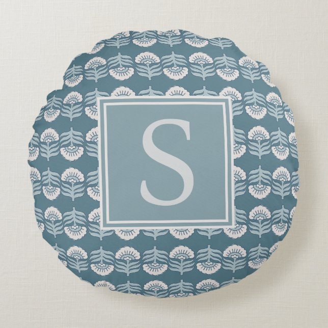 Boho Blue Floral Monogram Cushion (Front)