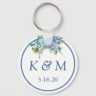 Boho Blue Floral Monogram Wedding Favour Keychain