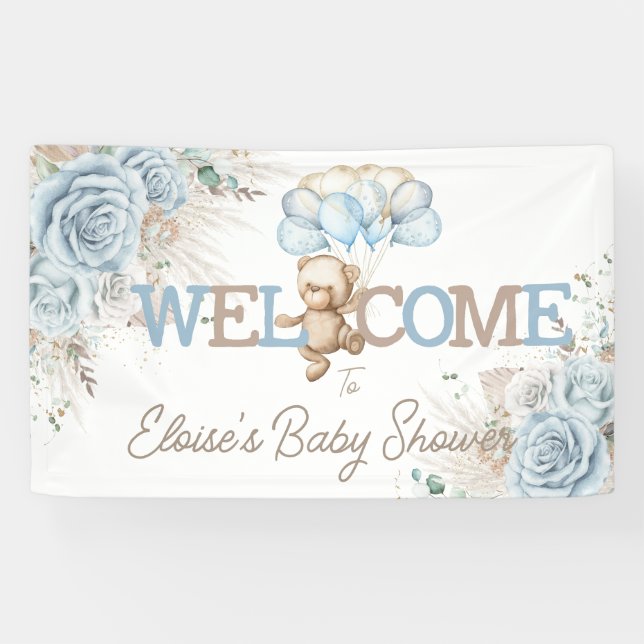 Boho Blue Floral Pampas Bear Baby Shower Welcome Banner (Horizontal)