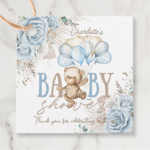 Boho Blue Floral Pampas Teddy Bear Boy Baby Shower Favour Tags