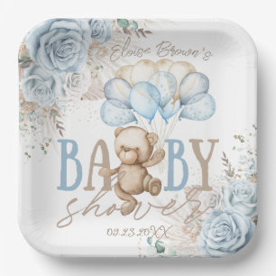 Boho Blue Floral Pampas Teddy Bear Boy Baby Shower Paper Plate