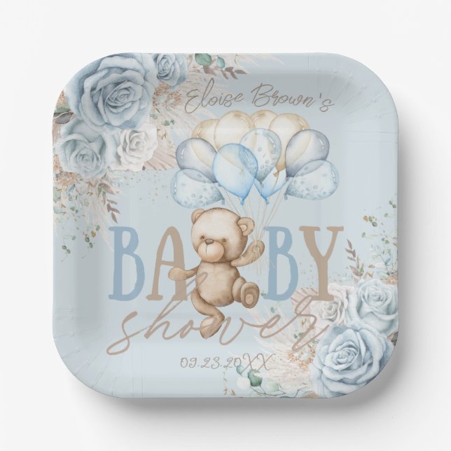 Boho Blue Floral Pampas Teddy Bear Boy Baby Shower Paper Plate (Front)