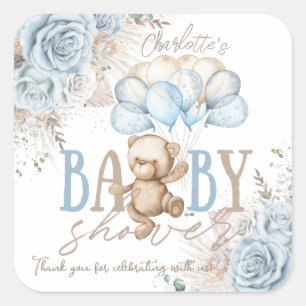 Boho Blue Floral Pampas Teddy Bear Boy Baby Shower Square Sticker