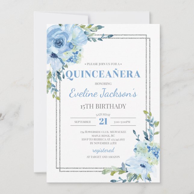 Boho blue floral silver frame rustic quinceanera invitation (Front)