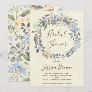 boho blue floral wreath bridal shower invitation