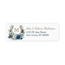 Boho Blue Floral Wreath Monogramme Adresse de reto