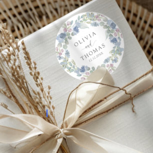 Boho Blue Floral Wreath Wedding Classic Round Sticker