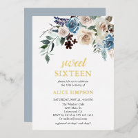 Boho Blue Flowers Dried Leaves Sweet 16 Foil Invit