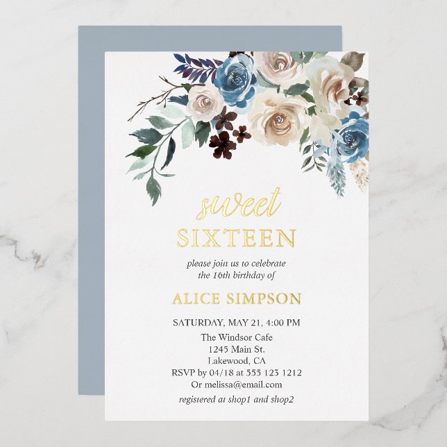 Boho Blue Flowers Dried Leaves Sweet 16 Foil Invit (Front/Back)