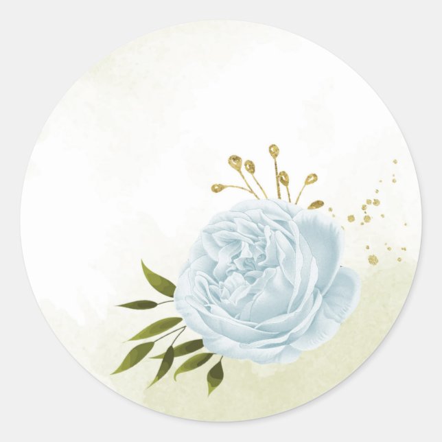 Boho blue flowers green leaves botanical classic round sticker (Front)