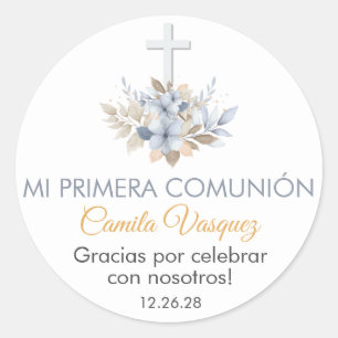Boho Blue Flowers in Spanish First Holy Communion Classic Round Sticker