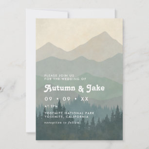 Boho Blue Forest Mountains Retro Wedding  Invitation