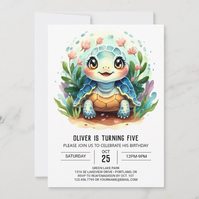 Boho Blue Fun Turtle Boy Birthday Invitation (Front)