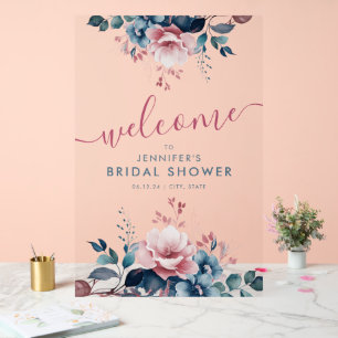 Boho Blue Garden Floral Bridal Shower Welcome  Acrylic Sign