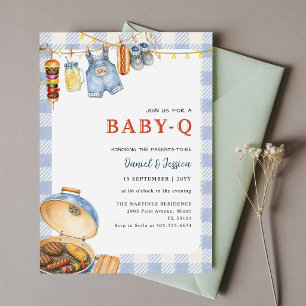 Boho Blue Gingham Baby Q BBQ Baby Shower Invitation