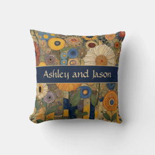 Boho Blue Gold Custom Couple Names Wedding Throw Pillow