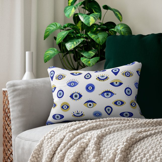 Boho Blue Gold Evil Eyes Accent Pillow (Creator Uploaded)