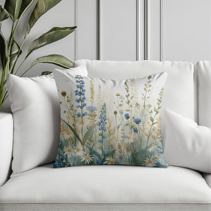 Boho Blue Green Gold Wildflower Garden Print Throw Pillow