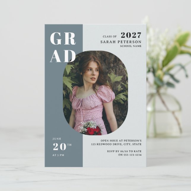 Boho Blue Grey Bold Typography Photo Graduation Invitation (Standing Front)