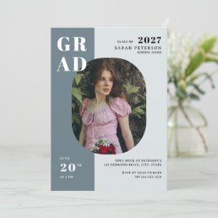 Boho Blue Grey Bold Typography Photo Graduation Invitation