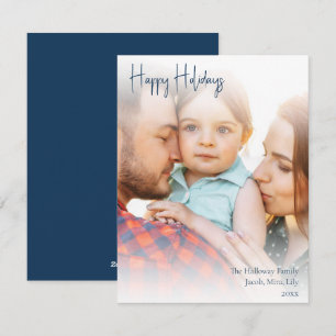 Boho Blue Handwritten Script Full Photo Happy Holiday Card
