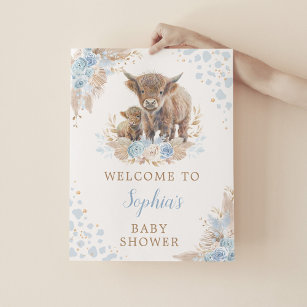 Boho Blue Highland Cow Baby Boy Shower Welcome Poster