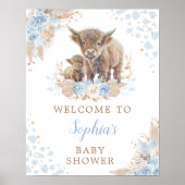 Boho Blue Highland Cow Baby Boy Shower Welcome Poster (Front)