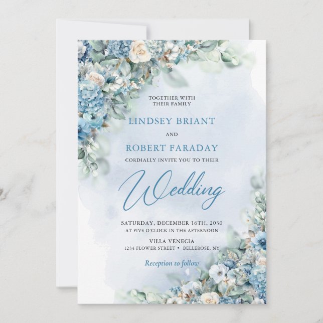 Boho blue hydrangea and cream roses eucalyptus invitation (Front)