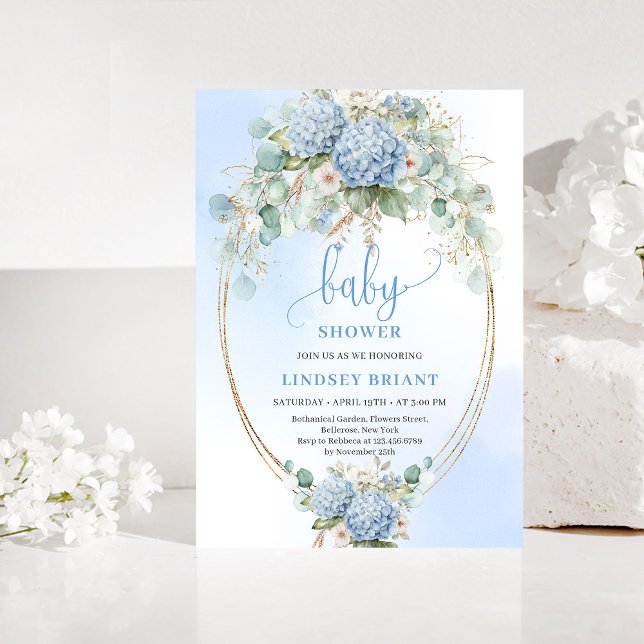 Boho Blue Hydrangea Baby Shower Gold Invitation (Boho Blue Hydrangea Baby Shower Gold Invitation)