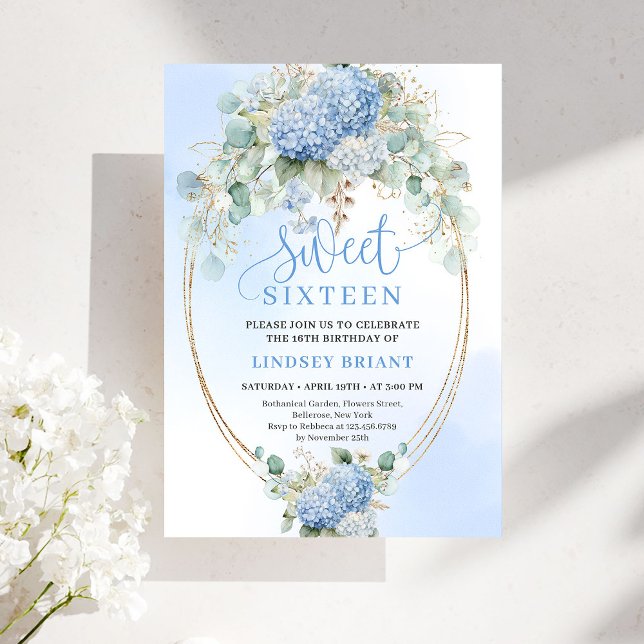 Boho Blue Hydrangea Gold Sweet Sixteen Invitation (Boho Blue Hydrangea Gold Sweet Sixteen Invitation)