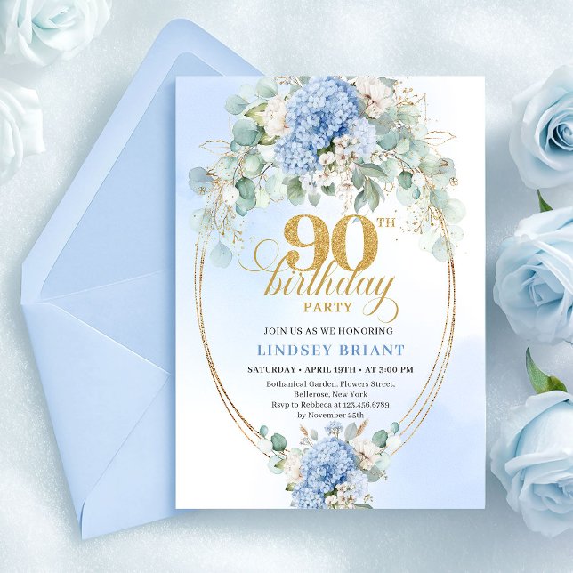 Boho Blue Hydrangea Greenery 90th Birthday Invite (Boho Blue Hydrangea Greenery 90th Birthday Invite)