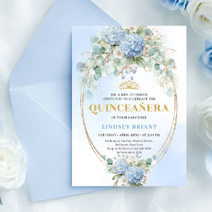 Boho Blue Hydrangeas Gold Quinceañera Invitation