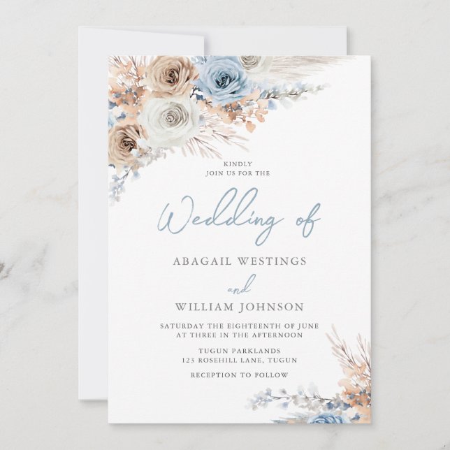 Boho Blue II: Dusty Blue & White Flowers Wedding Invitation (Front)
