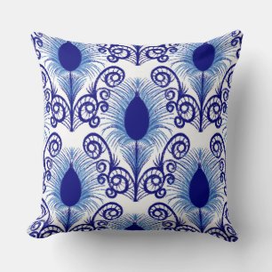 Boho Blue Jewel Tone Peacock Feather  Throw Pillow