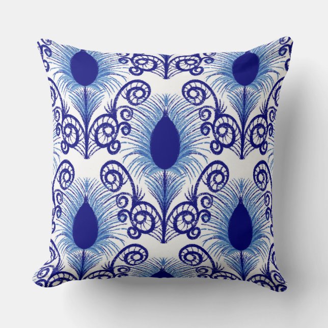 Boho Blue Jewel Tone Peacock Feather  Throw Pillow (Front)